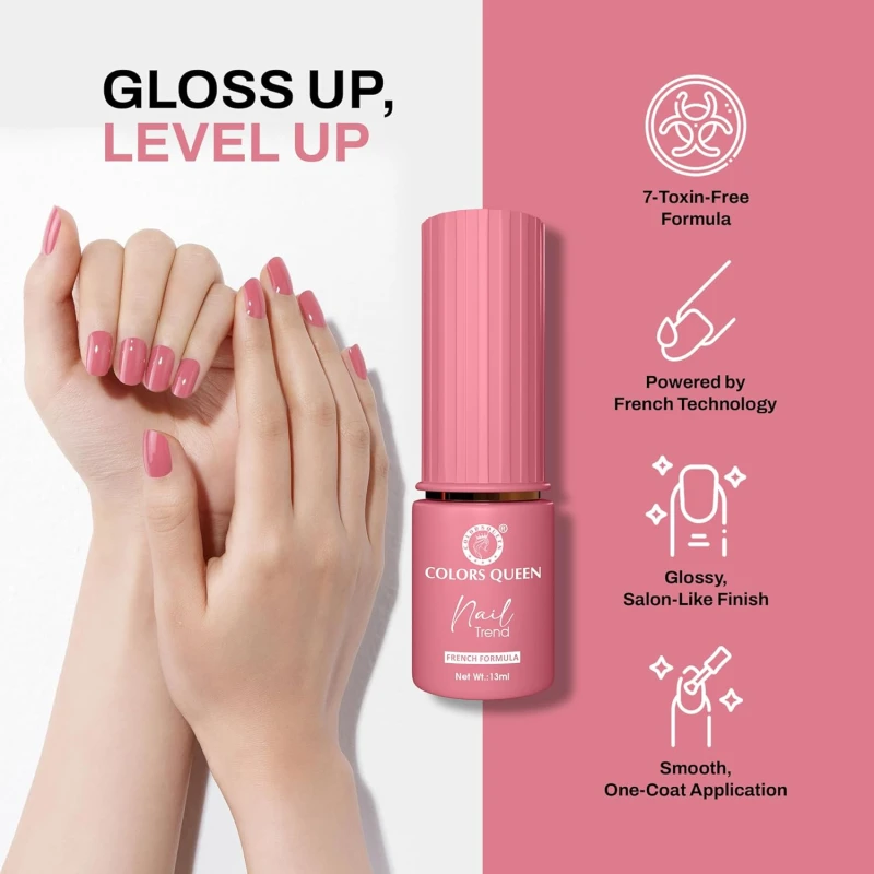 Colors Queen Nail Trend Glossy Nail Polish | Chip Resisting & Quick Drying Nail Paint with High Shine | 7 Toxin Free Formula | Vegan & Cruelty Free | Long Lasting & Vibrant Nail Paint for Women (Delicate Rose, 13ml) thumbnail 3